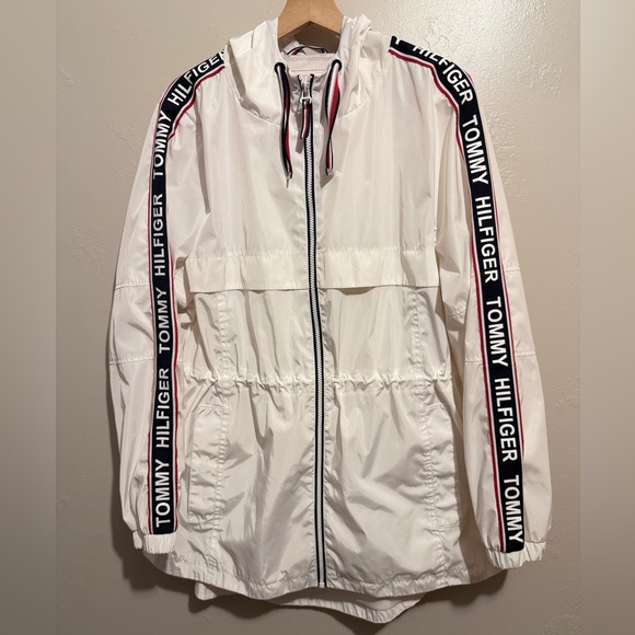 Tommy Hilfiger Long Windbreaker Logo Jacket Women's Size Large White, Red & Blue - Picture 3 of 16